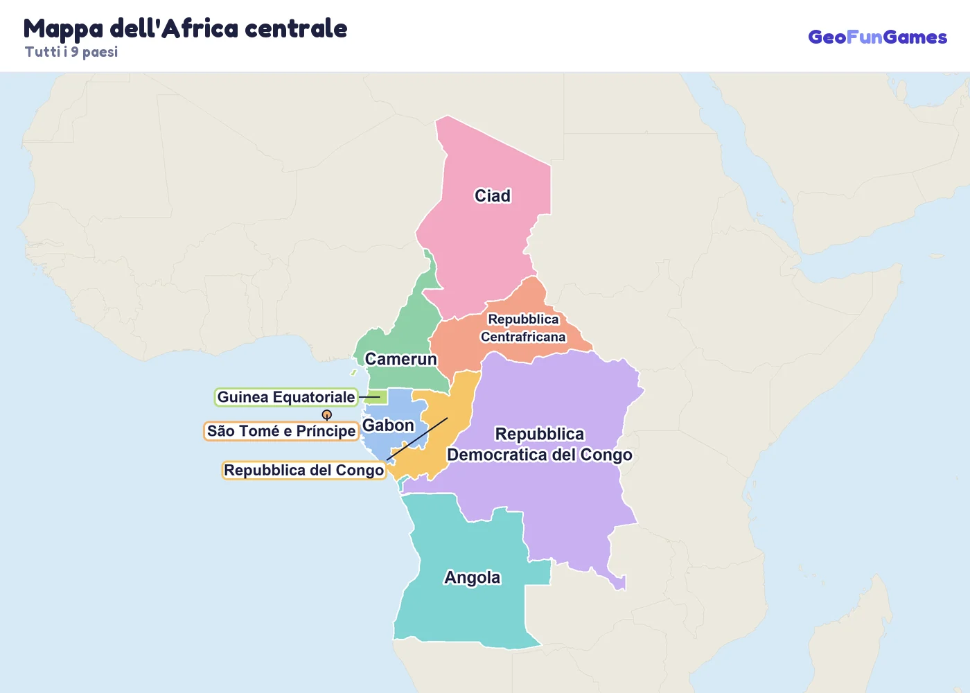 Mappa dell'Africa centrale con i nomi dei paesi: Camerun, Repubblica Centrafricana, Ciad, Repubblica Democratica del Congo, Repubblica del Congo, Guinea Equatoriale, Gabon, São Tomé e Príncipe, Angola