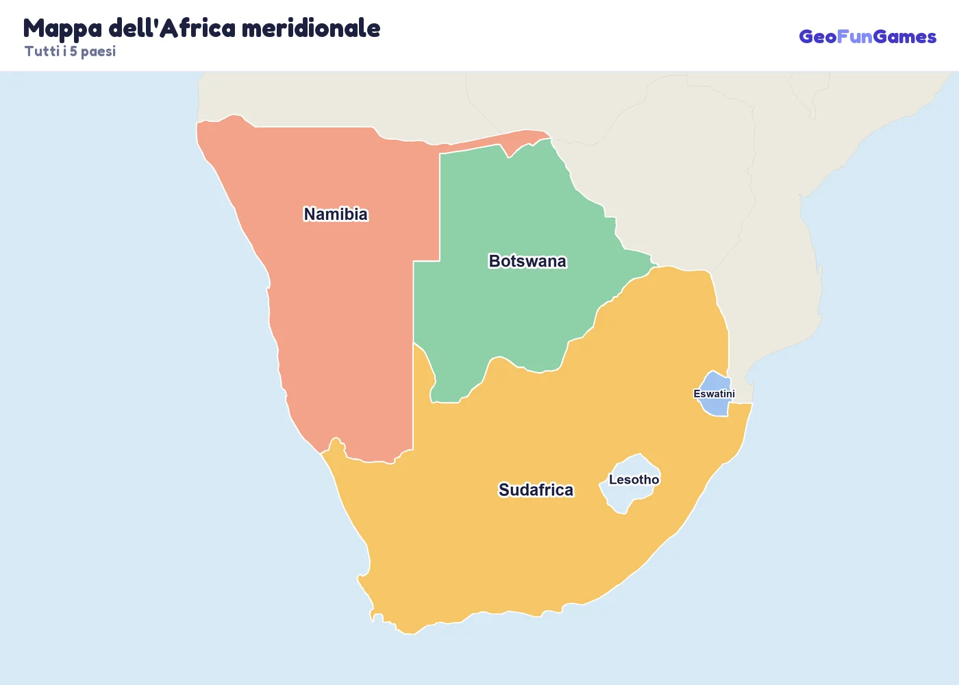 Mappa dell'Africa meridionale con i nomi dei paesi: Sudafrica, Botswana, Namibia, Lesotho, Eswatini
