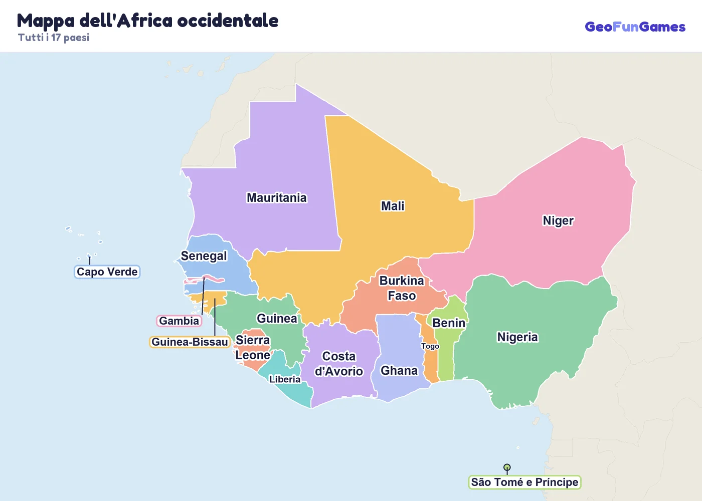 Mappa dell'Africa occidentale con i nomi dei paesi: Nigeria, Ghana, Senegal, Mali, Niger, Burkina Faso, Costa d'Avorio, Guinea, Gambia, Liberia, Sierra Leone, Togo, Benin, Capo Verde, Guinea-Bissau, Mauritania, São Tomé e Príncipe