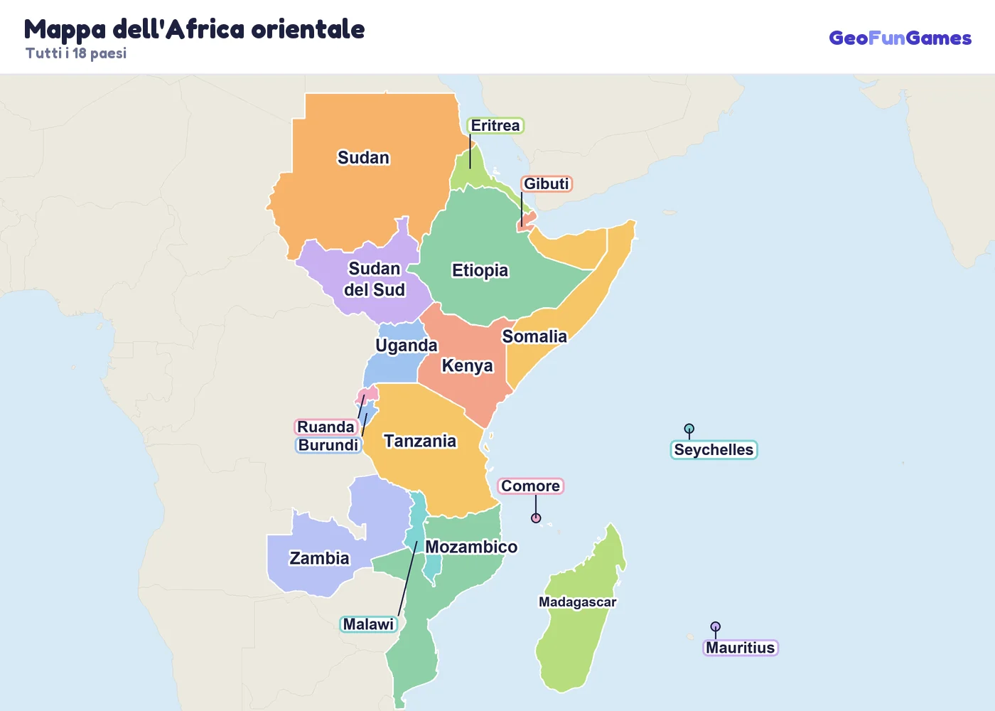 Mappa dell'Africa orientale con i nomi dei paesi: Etiopia, Kenya, Tanzania, Uganda, Somalia, Sudan, Sudan del Sud, Eritrea, Gibuti, Ruanda, Burundi, Malawi, Mozambico, Zambia, Madagascar, Mauritius, Seychelles, Comore