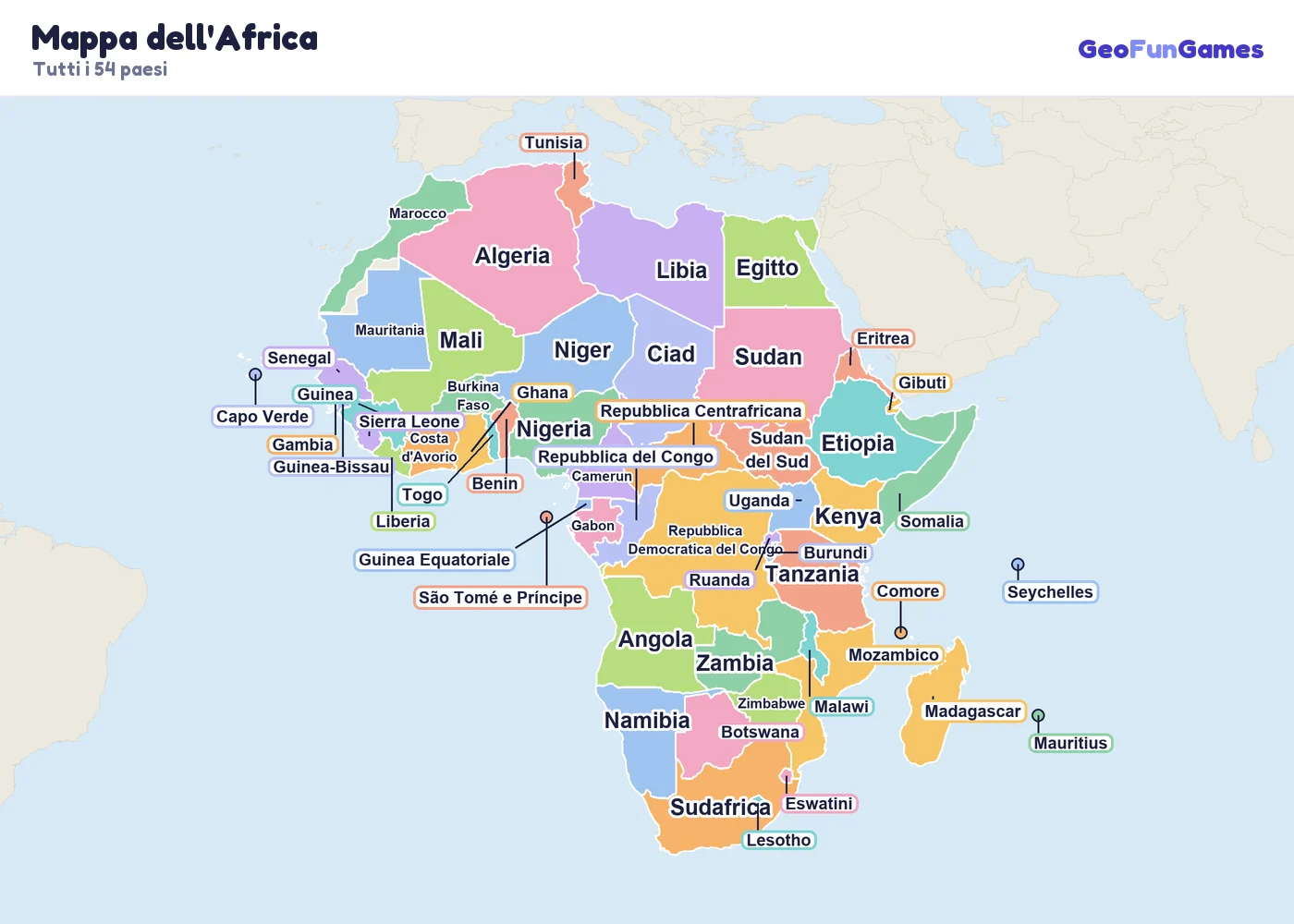 Mappa dell'Africa con i nomi dei paesi: Algeria, Egitto, Libia, Marocco, Tunisia, Mauritania, Nigeria, Ghana, Senegal, Mali, Costa d'Avorio, Niger, Camerun, Repubblica Democratica del Congo, Repubblica del Congo, Angola, Ciad, Gabon, Etiopia, Kenya, Tanzania, Sudan, Sudan del Sud, Somalia, Madagascar, Mozambico, Zambia, Sudafrica, Namibia, Botswana, Zimbabwe, Eswatini, Lesotho, Eritrea, Uganda, Ruanda, Malawi, Benin, Burkina Faso, Burundi, Repubblica Centrafricana, Gibuti, Guinea Equatoriale, Gambia, Guinea, Guinea-Bissau, Capo Verde, Comore, Liberia, Mauritius, Seychelles, Sierra Leone, São Tomé e Príncipe, Togo