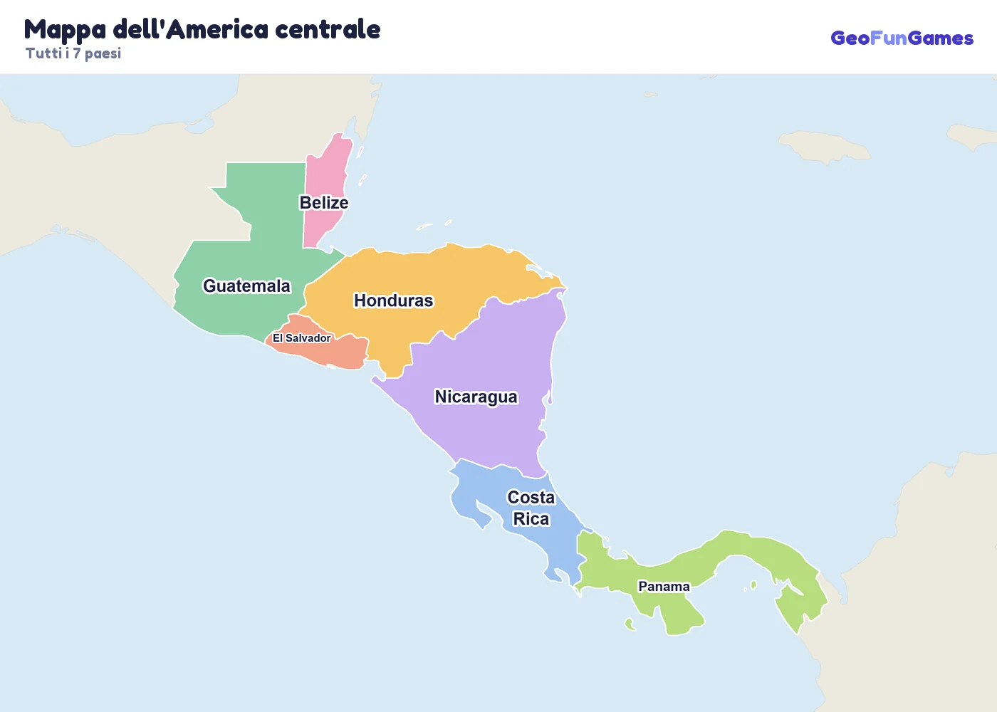 Mappa dell'America centrale con i nomi dei paesi: Belize, Guatemala, El Salvador, Honduras, Nicaragua, Costa Rica, Panama