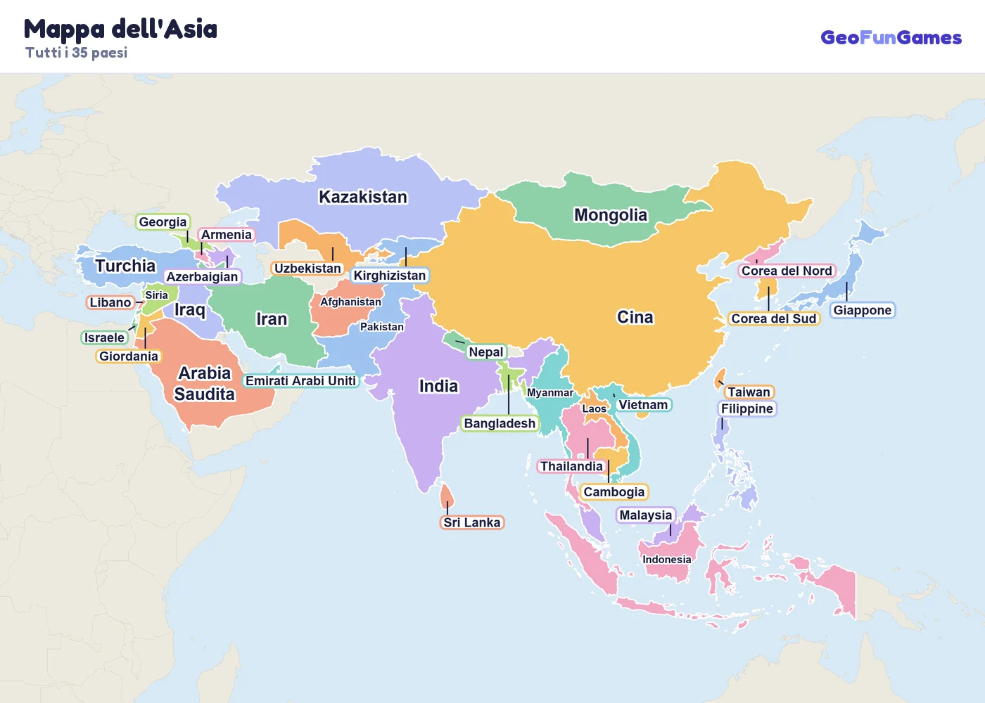 Mappa dell'Asia con i nomi dei paesi: Cina, India, Giappone, Corea del Sud, Corea del Nord, Mongolia, Indonesia, Pakistan, Bangladesh, Nepal, Sri Lanka, Afghanistan, Kazakistan, Uzbekistan, Arabia Saudita, Iran, Iraq, Turchia, Siria, Giordania, Israele, Libano, Thailandia, Vietnam, Filippine, Malaysia, Myanmar, Cambogia, Laos, Taiwan, Georgia, Armenia, Azerbaigian, Emirati Arabi Uniti, Kirghizistan