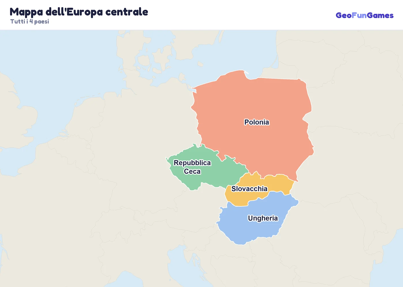 Mappa dell'Europa centrale con i nomi dei paesi: Repubblica Ceca, Ungheria, Polonia, Slovacchia