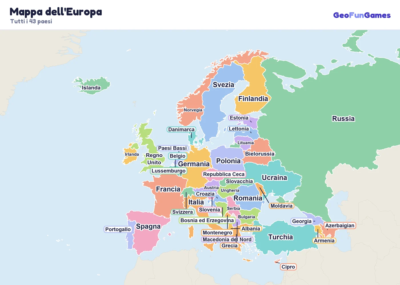 Mappa dell'Europa con i nomi dei paesi: Albania, Austria, Armenia, Azerbaigian, Bielorussia, Belgio, Bosnia ed Erzegovina, Bulgaria, Croazia, Cipro, Repubblica Ceca, Danimarca, Estonia, Finlandia, Francia, Georgia, Germania, Grecia, Ungheria, Islanda, Irlanda, Italia, Lettonia, Lituania, Lussemburgo, Moldavia, Montenegro, Paesi Bassi, Macedonia del Nord, Norvegia, Polonia, Portogallo, Romania, Russia, Serbia, Slovacchia, Slovenia, Spagna, Svezia, Svizzera, Turchia, Ucraina, Regno Unito