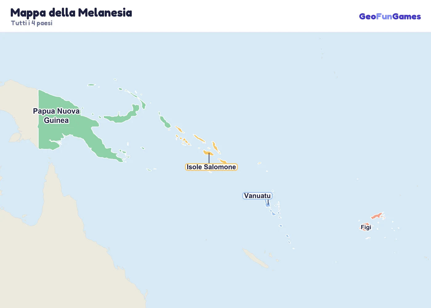 Mappa della Melanesia con i nomi dei paesi: Figi, Papua Nuova Guinea, Isole Salomone, Vanuatu