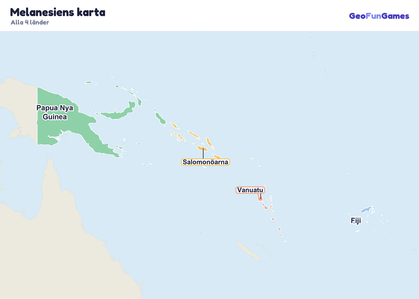 Melanesiens karta med ländernas namn: Fiji, Papua Nya Guinea, Salomonöarna, Vanuatu