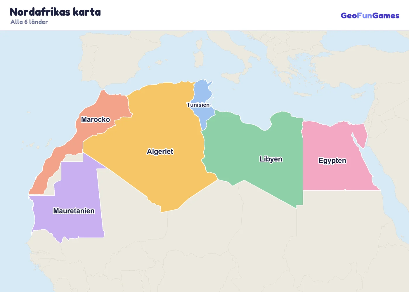 Nordafrikas karta med ländernas namn: Algeriet, Egypten, Libyen, Marocko, Tunisien, Mauretanien