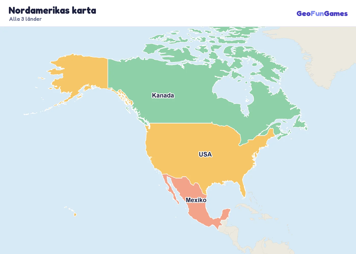 Nordamerikas karta med ländernas namn: Kanada, USA, Mexiko