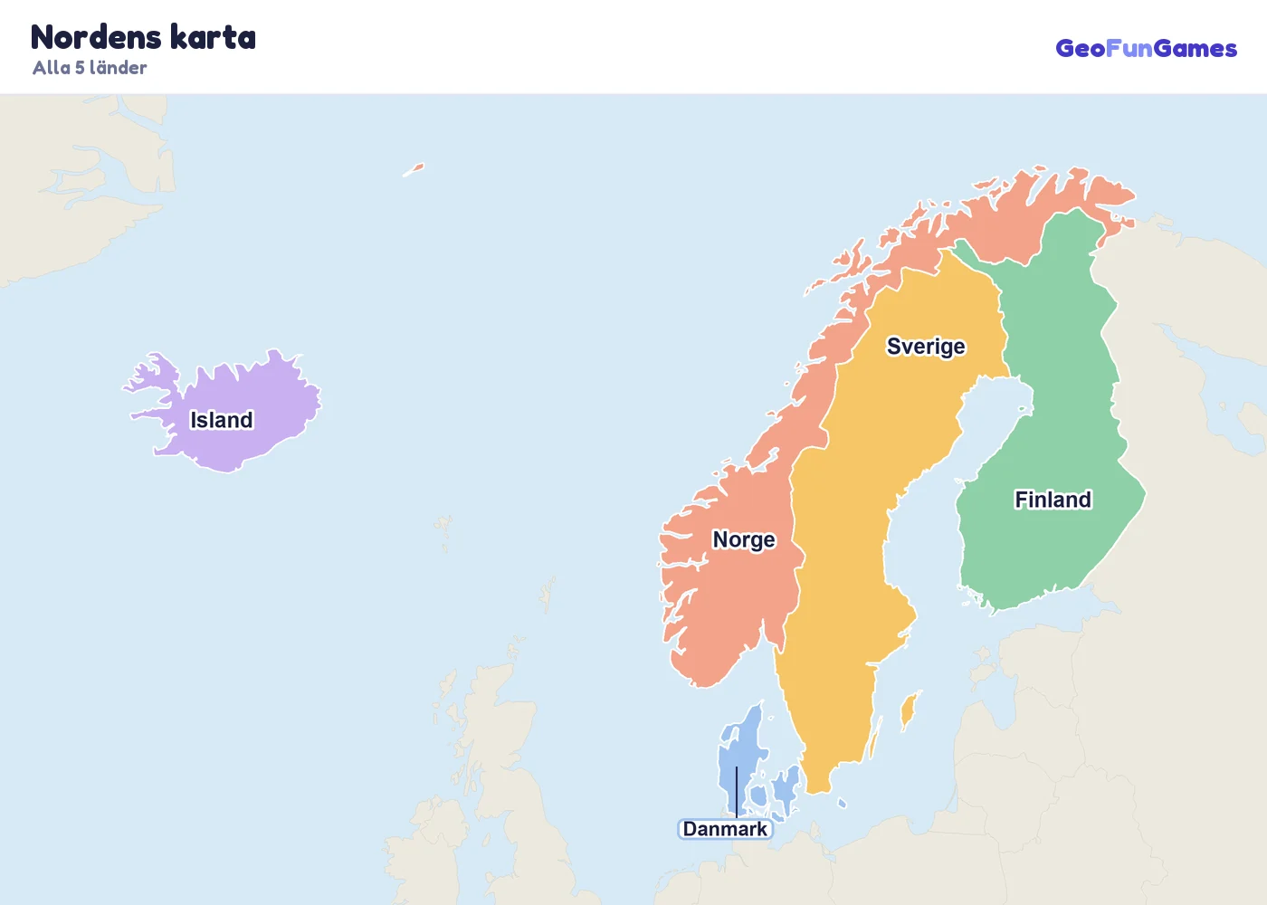 Nordens karta med ländernas namn: Danmark, Finland, Island, Norge, Sverige