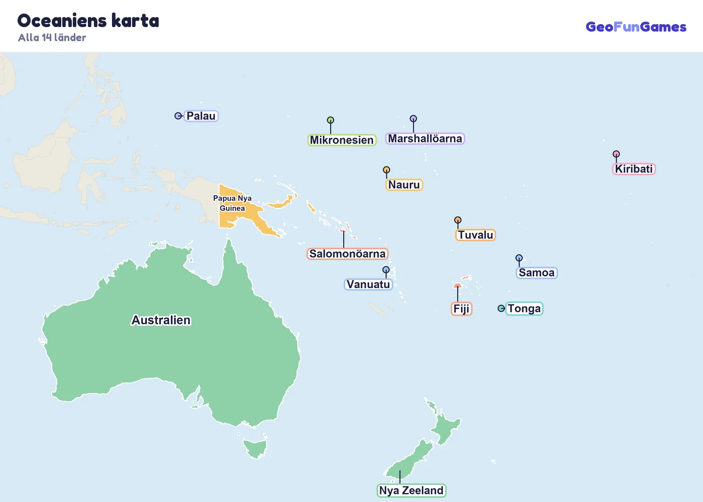Oceaniens karta med ländernas namn: Australien, Fiji, Kiribati, Marshallöarna, Mikronesien, Nauru, Nya Zeeland, Palau, Papua Nya Guinea, Samoa, Salomonöarna, Tonga, Tuvalu, Vanuatu