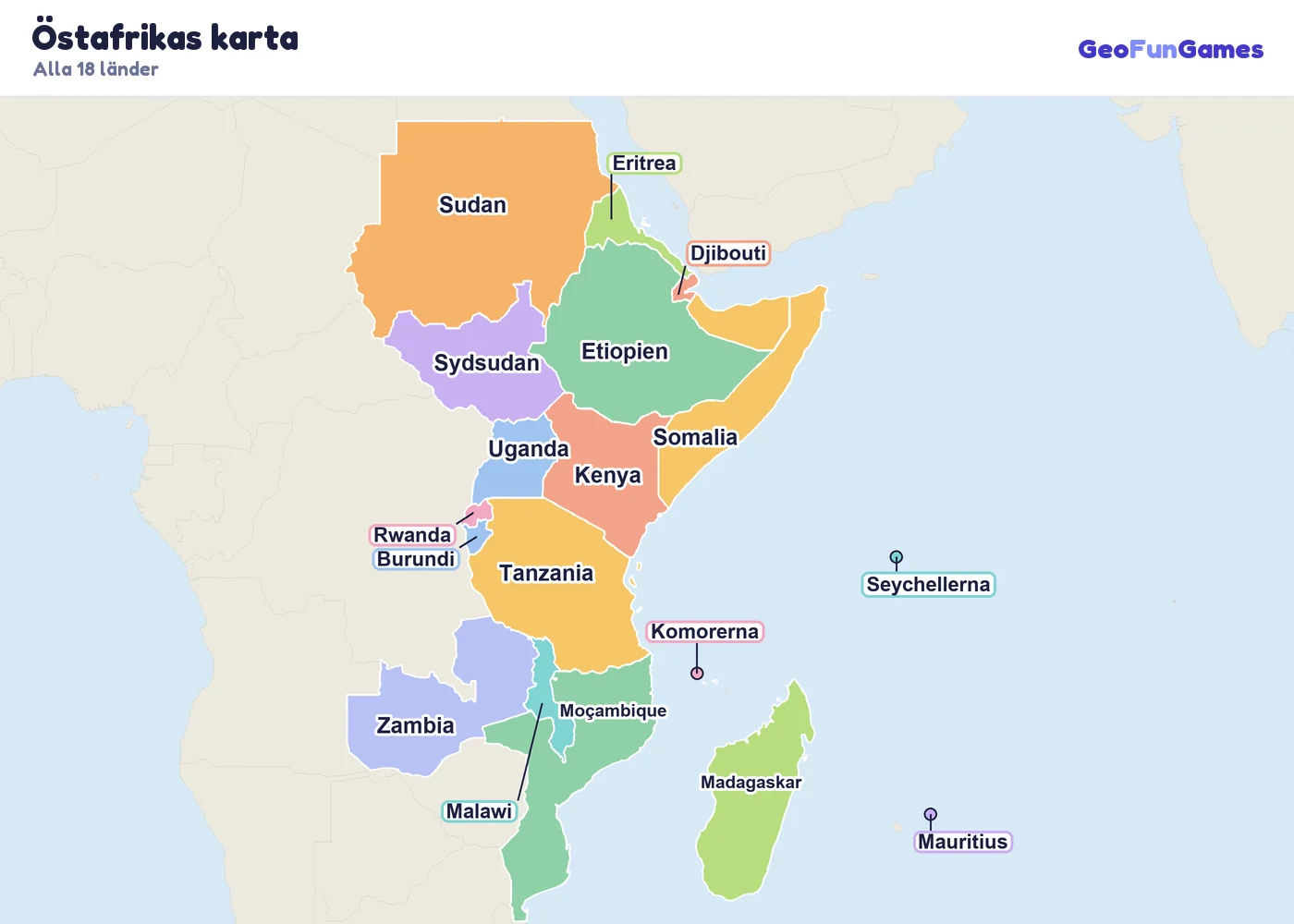 Östafrikas karta med ländernas namn: Etiopien, Kenya, Tanzania, Uganda, Somalia, Sudan, Sydsudan, Eritrea, Djibouti, Rwanda, Burundi, Malawi, Moçambique, Zambia, Madagaskar, Mauritius, Seychellerna, Komorerna