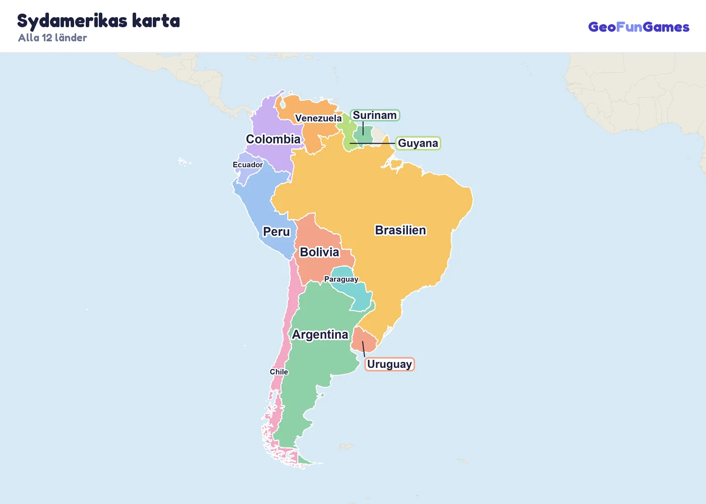 Sydamerikas karta med ländernas namn: Argentina, Bolivia, Brasilien, Chile, Colombia, Ecuador, Guyana, Paraguay, Peru, Surinam, Uruguay, Venezuela