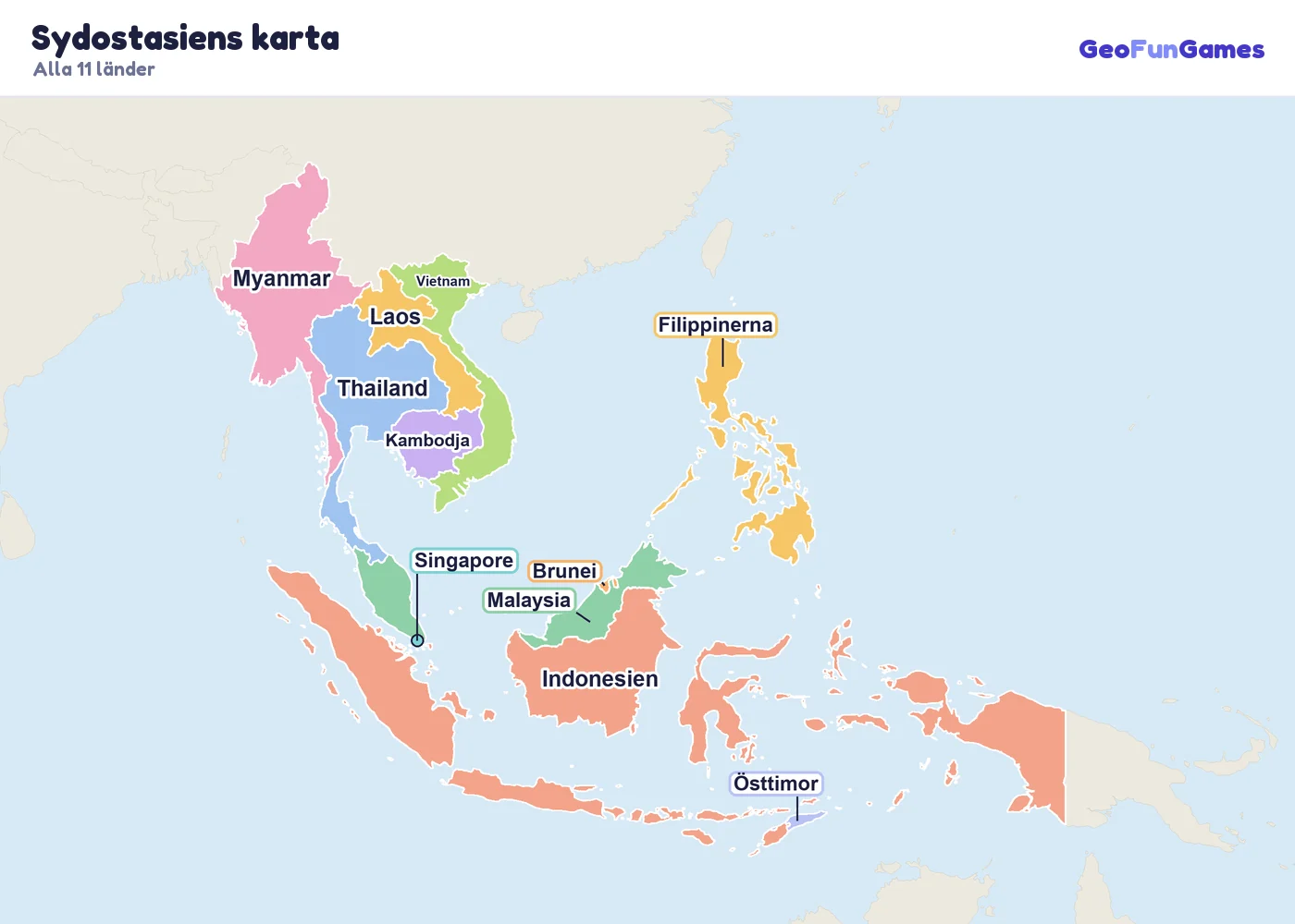 Sydostasiens karta med ländernas namn: Myanmar, Thailand, Laos, Kambodja, Vietnam, Malaysia, Singapore, Brunei, Indonesien, Filippinerna, Östtimor