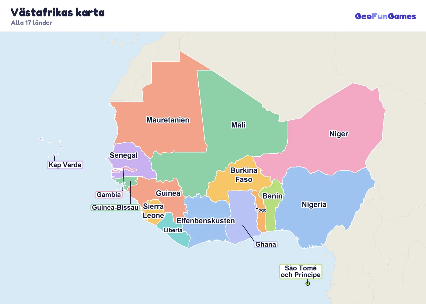 Västafrikas karta med ländernas namn: Nigeria, Ghana, Senegal, Mali, Niger, Burkina Faso, Elfenbenskusten, Guinea, Gambia, Liberia, Sierra Leone, Togo, Benin, Kap Verde, Guinea-Bissau, Mauretanien, São Tomé och Príncipe