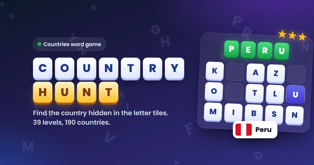 Caccia ai paesi su GeoFunGames: tessere che formano PERU accanto alla bandiera del Perù