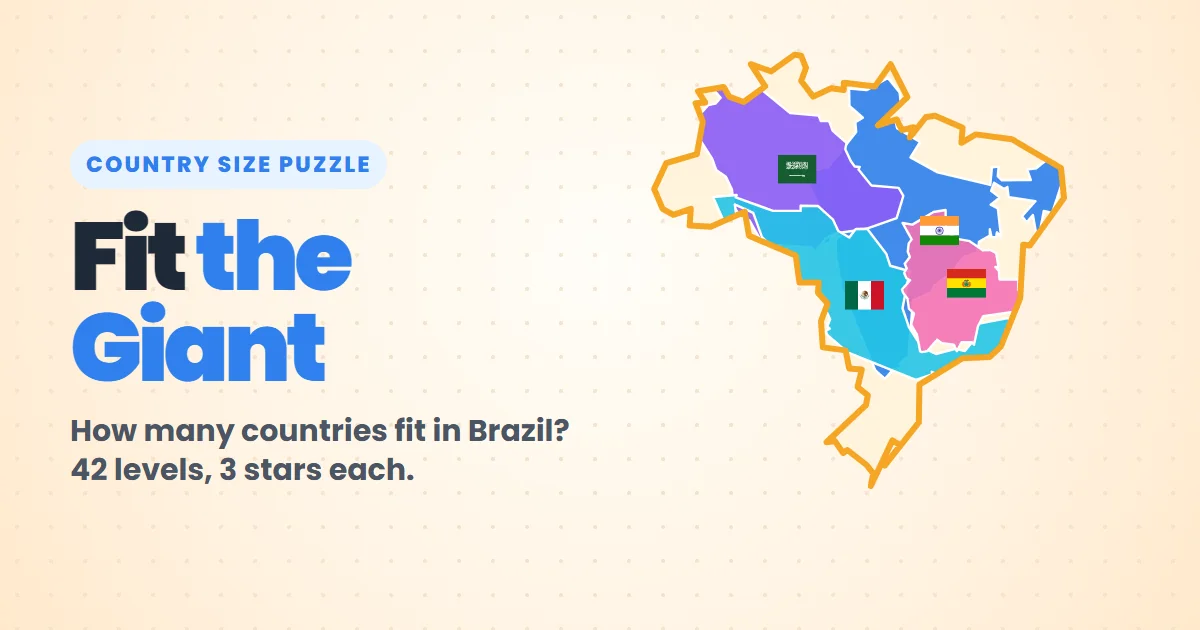 Fit the Giant on GeoFunGames: the outline of Brazil filled with the shapes of smaller countries