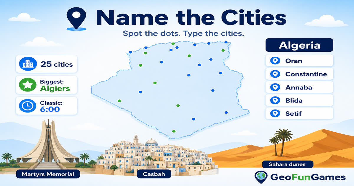 Städte in Algerien benennen - Karten-Quiz mit Stadtpunkten