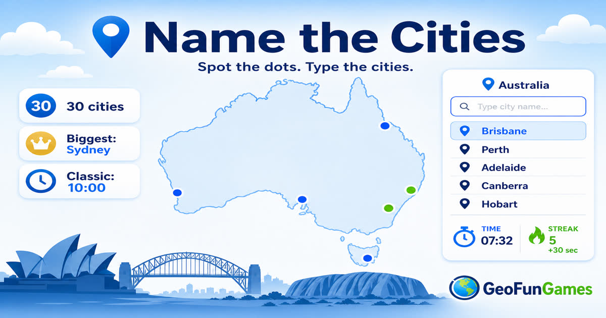 Navngiv byerne i Australien - kortquiz med byprikker