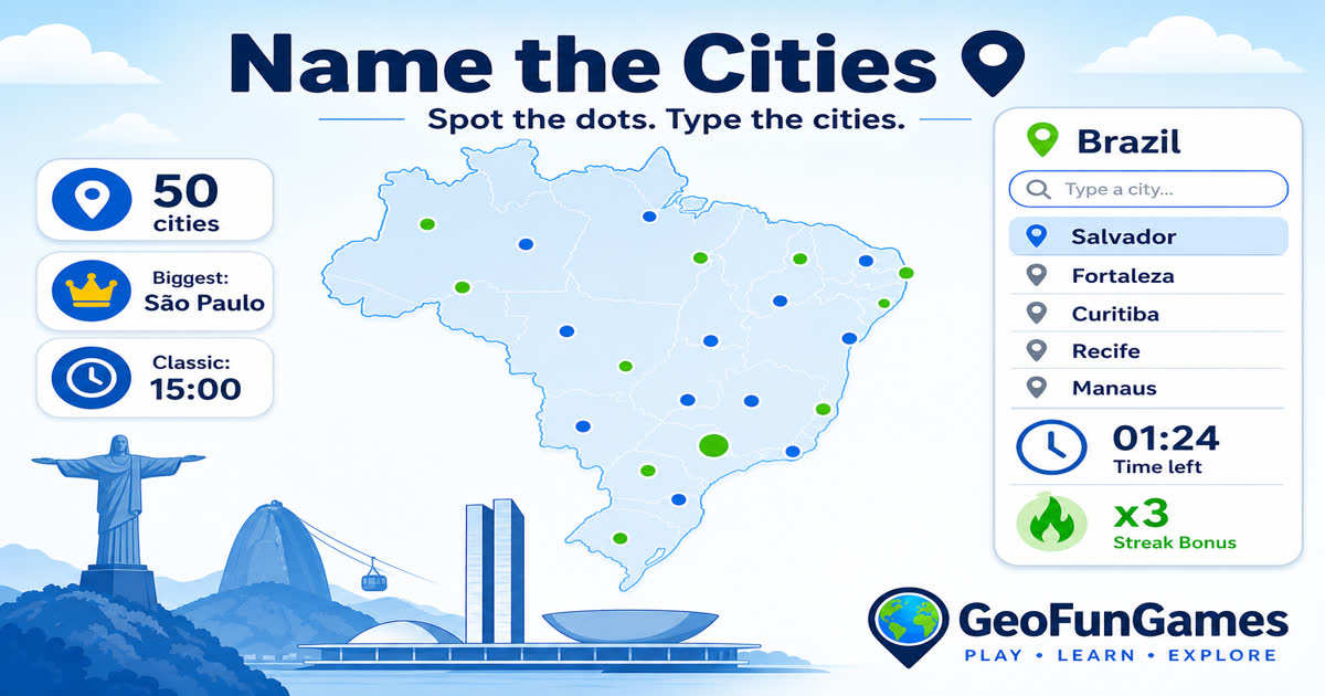 Name the Cities: Brasil - quiz de mapa con puntos de ciudades