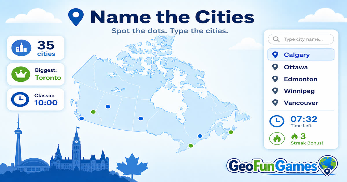Name the Cities in Canada - map quiz with city dots