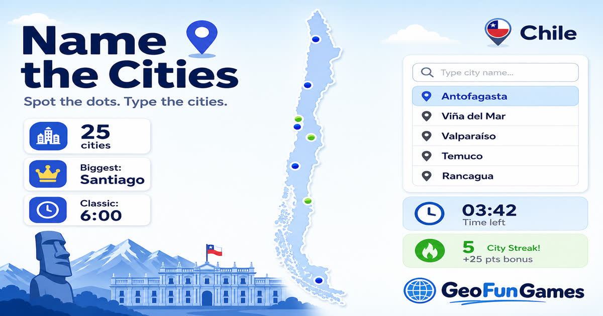 Name the Cities in Chile - map quiz with city dots