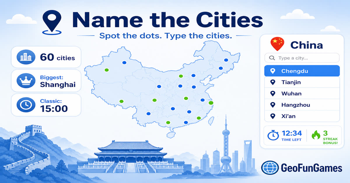 Name the Cities in China - map quiz with city dots