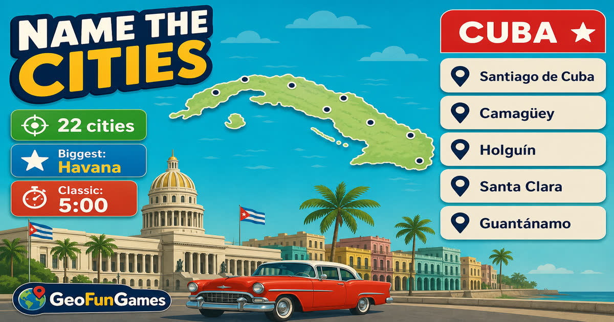 Name the Cities in Cuba - map quiz with city dots