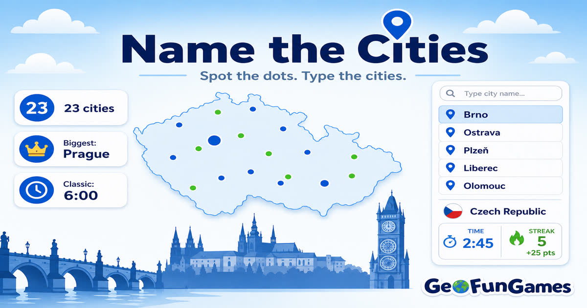 Noem de steden in Tsjechië - kaartquiz met stadsstippen