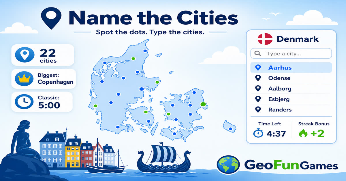 Name the Cities: Danimarca - quiz di mappa con punti delle città
