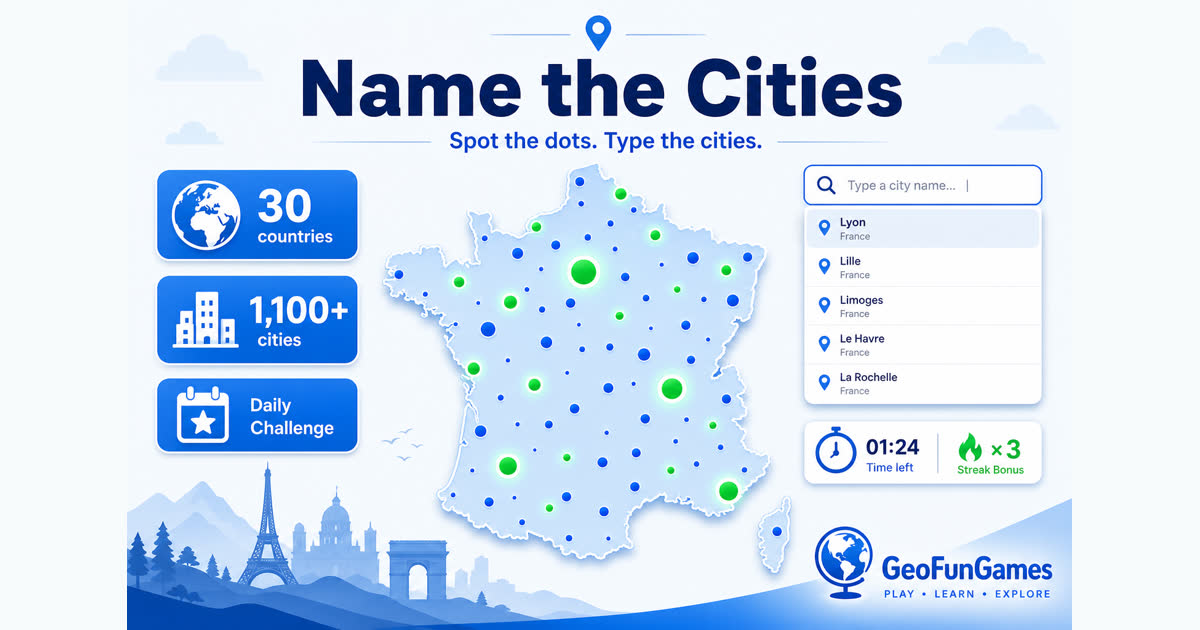 Name the Cities in France - map quiz with city dots