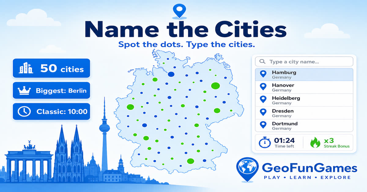 Name the Cities in Germany - map quiz with city dots