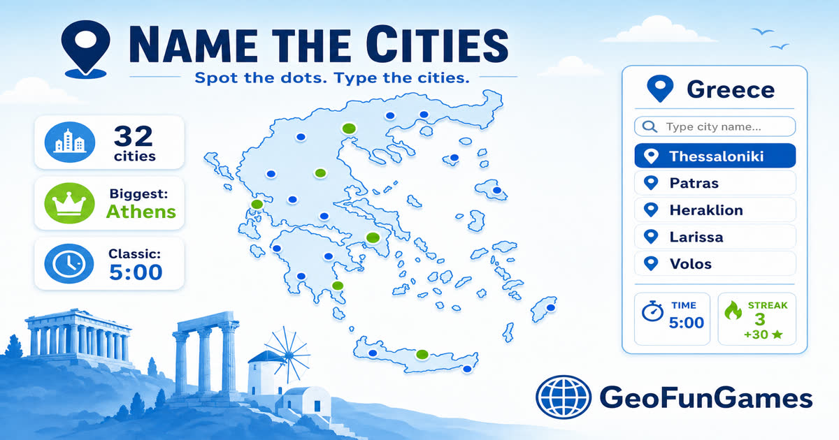 Name the Cities in Greece - map quiz with city dots