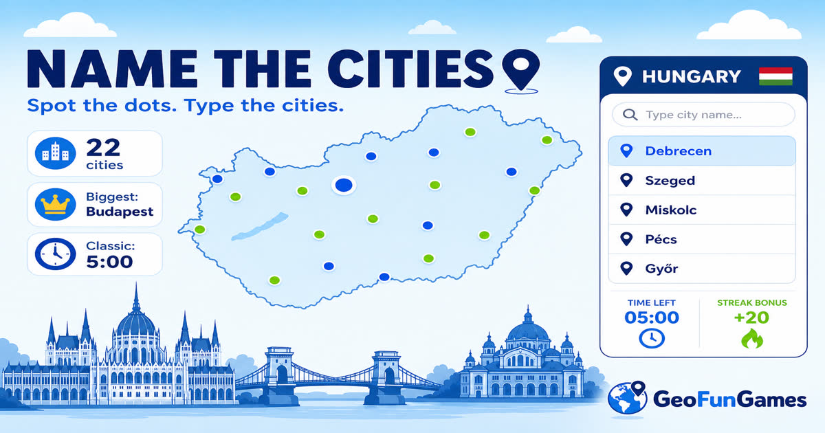 Name the Cities in Hungary - map quiz with city dots