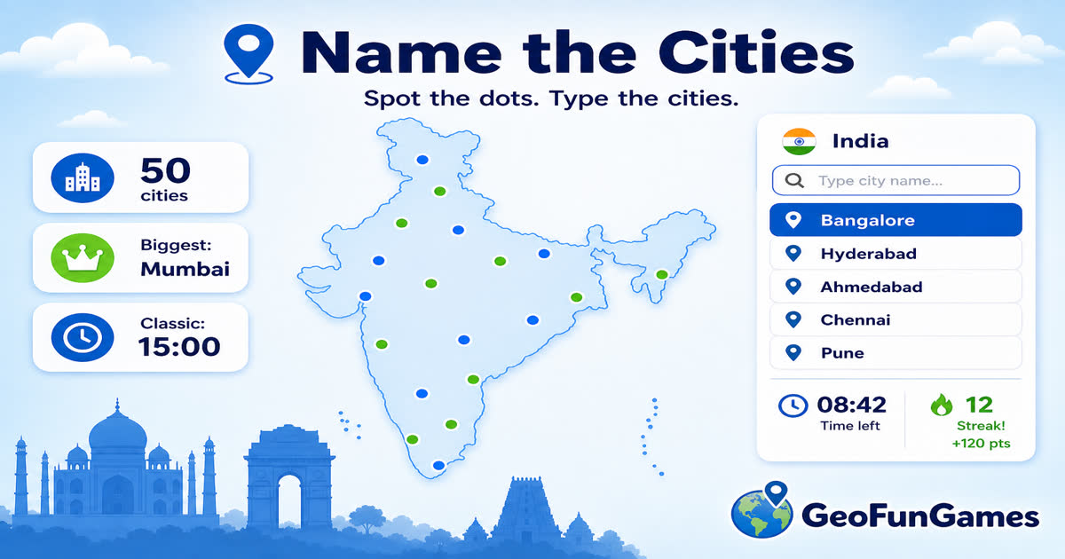 Name the Cities in India - map quiz with city dots
