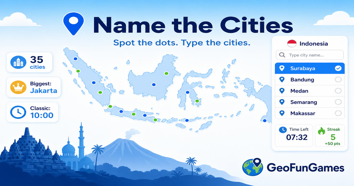 Name the Cities in Indonesia - map quiz with city dots