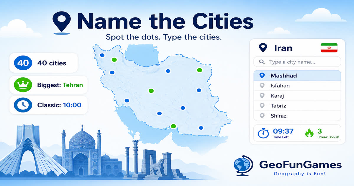Name the Cities in Iran - map quiz with city dots