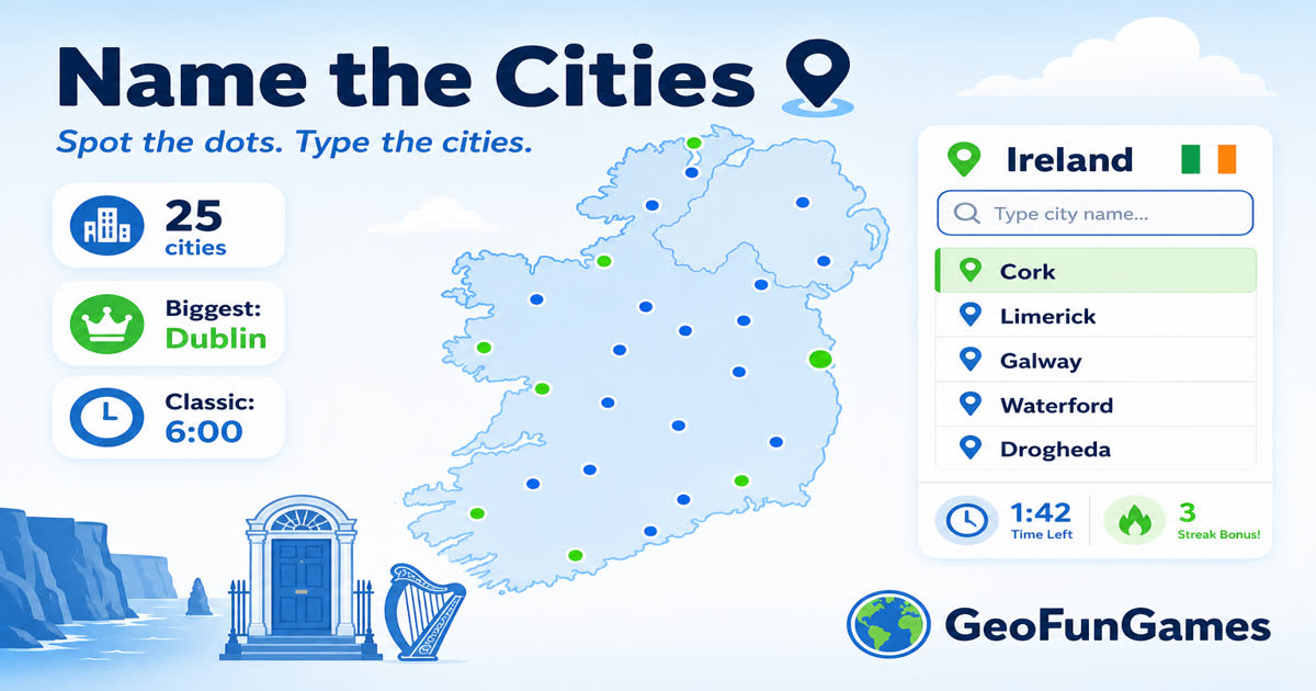 Name the Cities in Ireland - map quiz with city dots