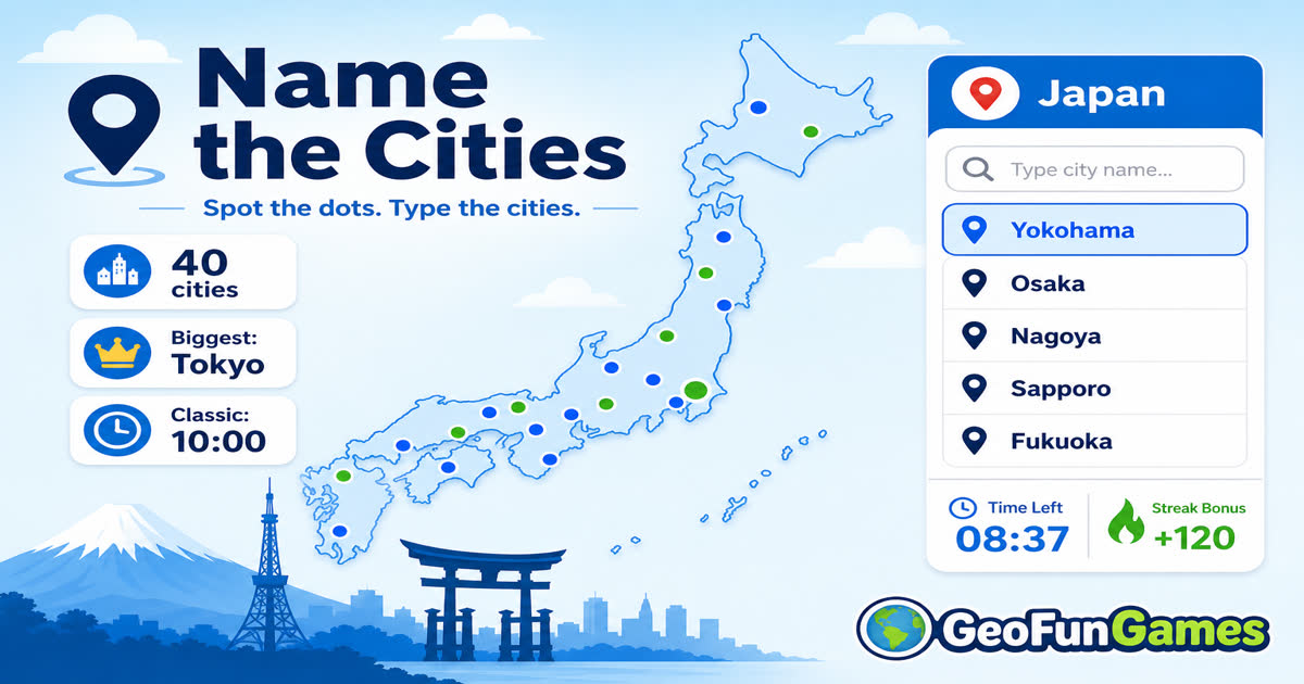 Navngiv byerne i Japan - kortquiz med byprikker