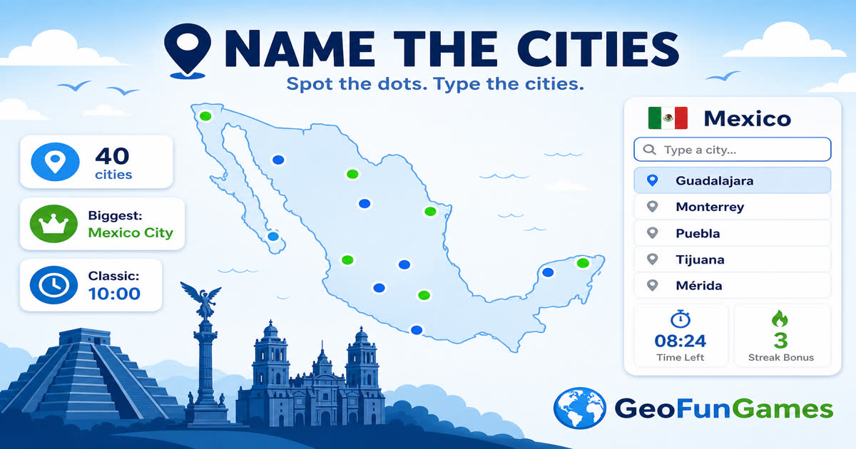 Name the Cities in Mexico - map quiz with city dots