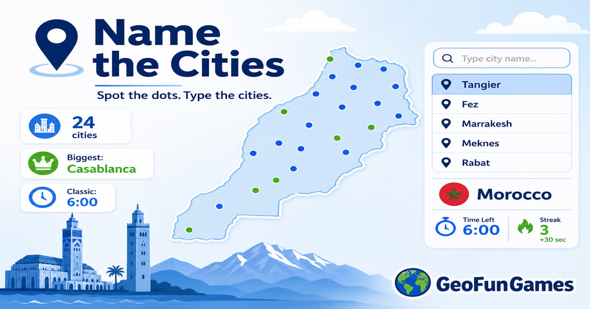 Name the Cities in Morocco - map quiz with city dots