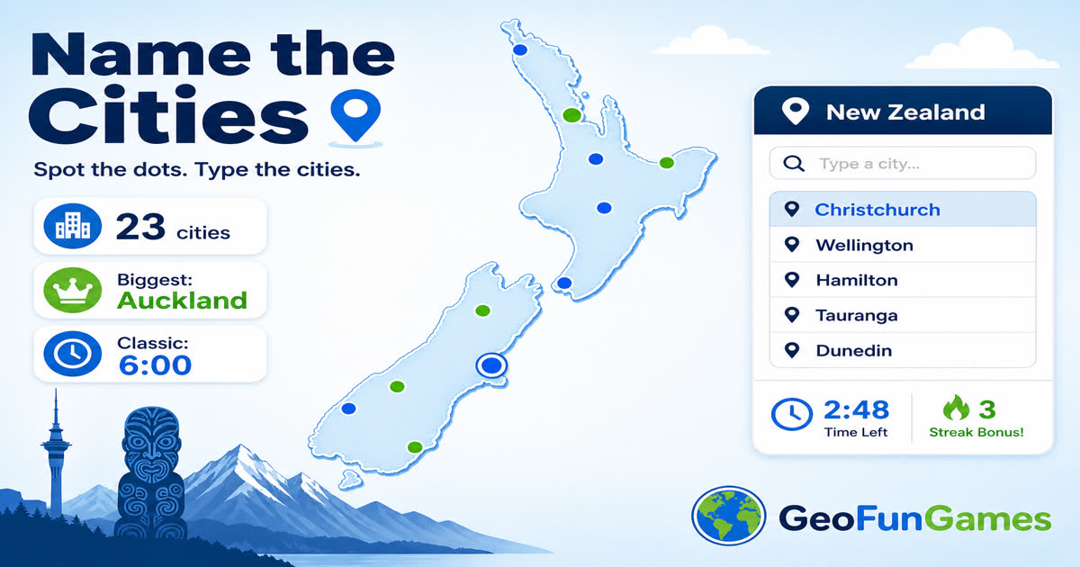 Name the Cities in New Zealand - map quiz with city dots