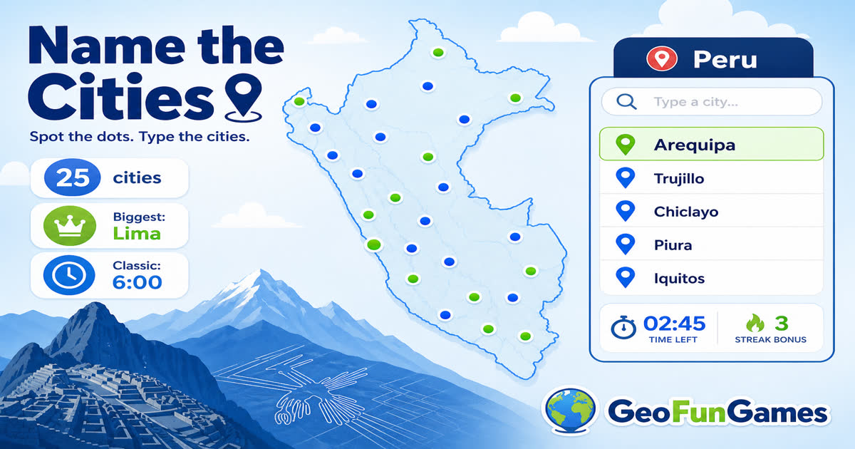 Name the Cities in Peru - map quiz with city dots