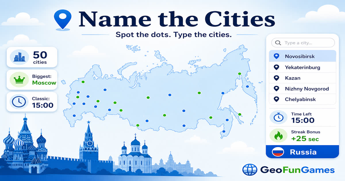 Navngi byene i Russland - kartquiz med byprikker