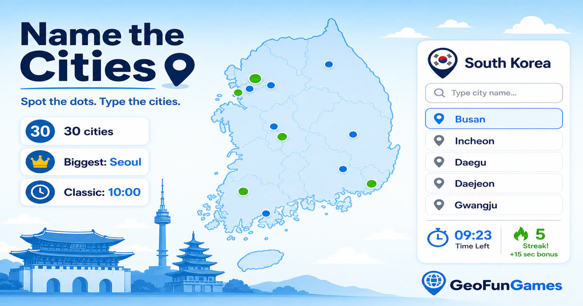 Navngiv byerne i Sydkorea - kortquiz med byprikker