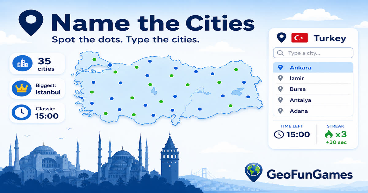 Name the Cities in Turkey - map quiz with city dots
