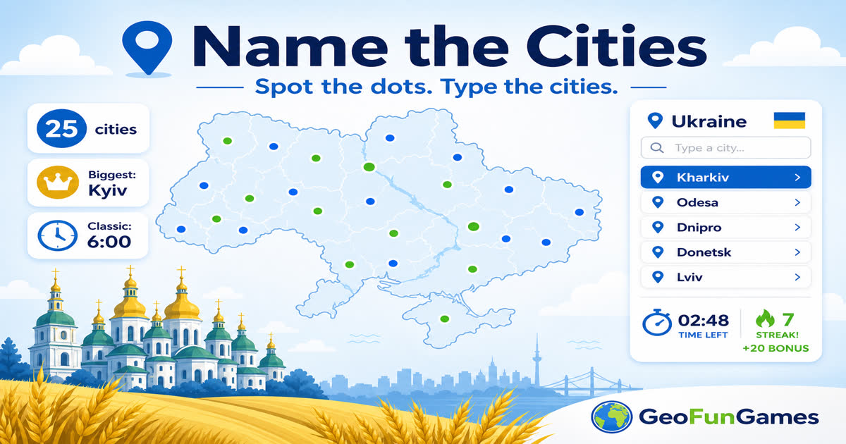 Navngiv byerne i Ukraine - kortquiz med byprikker