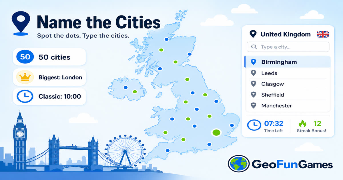 Name the Cities: Regno Unito - quiz di mappa con punti delle città