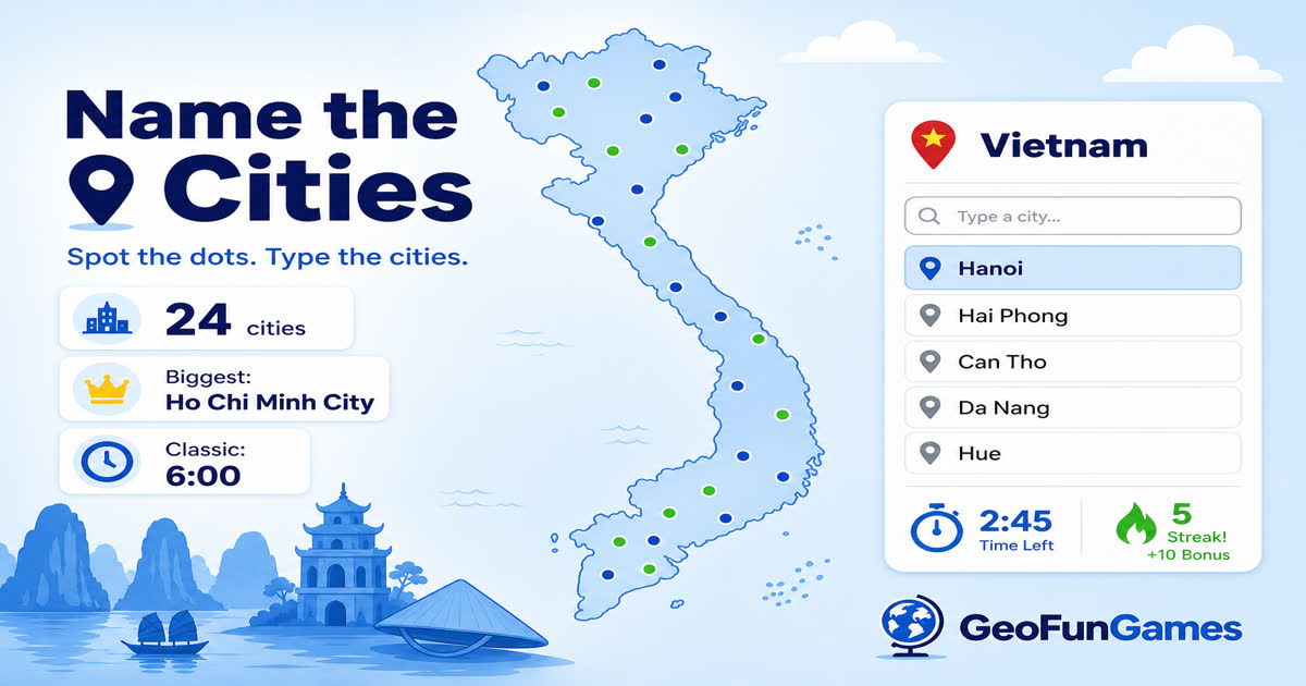 Name the Cities in Vietnam - map quiz with city dots