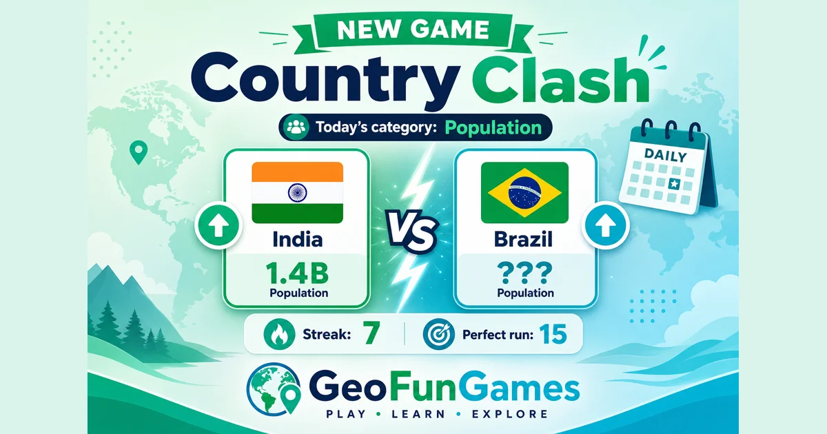 Neues Spiel: Country Clash Country Clash: zwei Länder nebeneinander, wähle das mit dem höheren Wert in Country Clash auf GeoFunGames